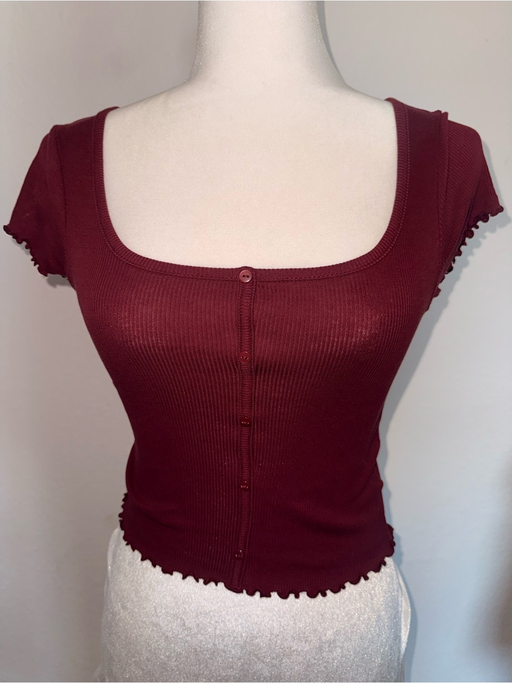 196Women’s Ribbed Button-Front Square Neck Top - Burgundy